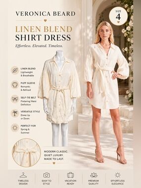 Veronica Beard Samy Shirt Dress 4 Linen Blend Cream Old Money Resort Vacation